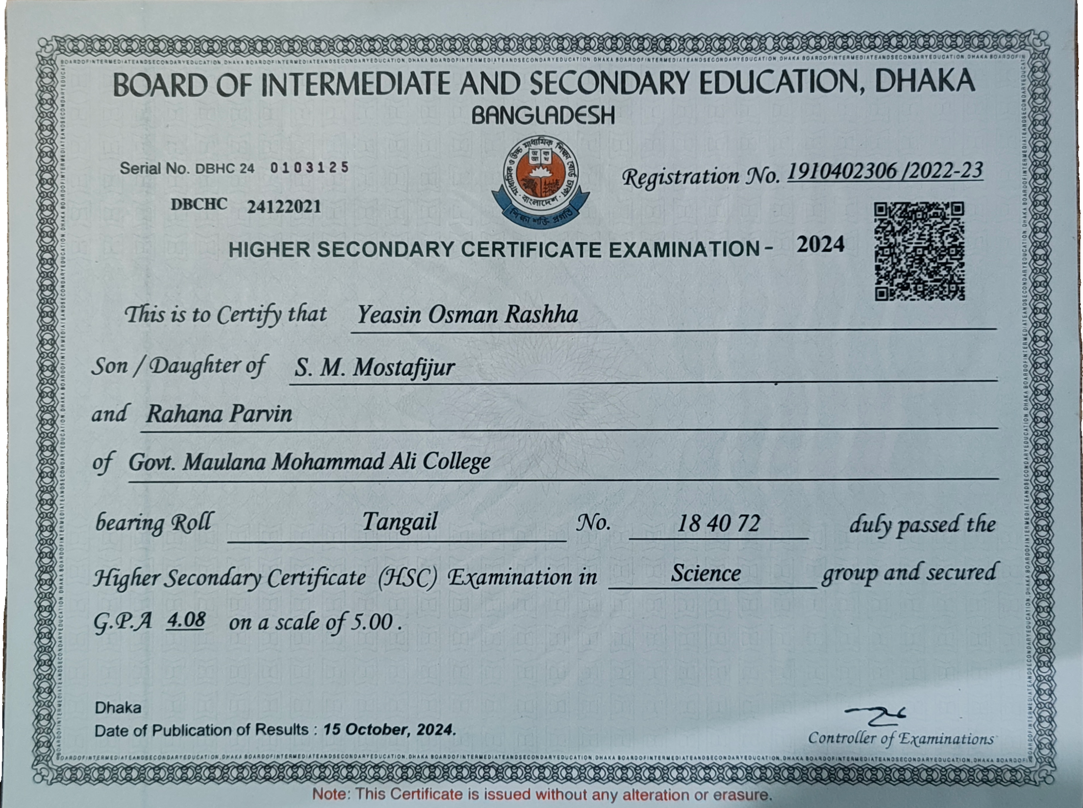 HSC Certificate